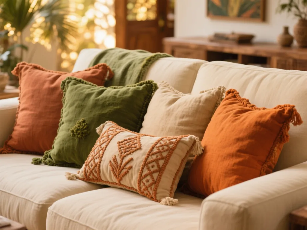 Almofadas decorativas sob medida em tons terracota, verde musgo e areia sobre sofá claro