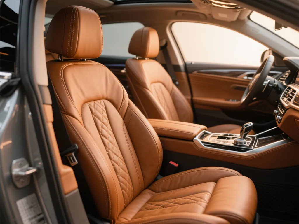 Interior de automóvel com bancos de couro caramelo recém-reformados com costura impecável