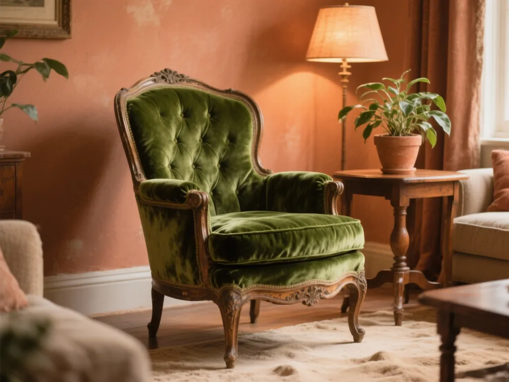 Poltrona vintage restaurada com veludo verde musgo em canto de sala aconchegante em São José dos Campos