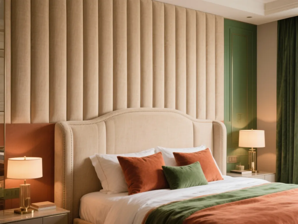 Quarto luxuoso com parede de cabeceira estofada em tecido bege com frisos verticais